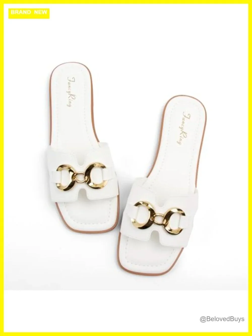 Women's Faux Leather Square Toe Flat Sandals with Metal Chain Slip On Dressy